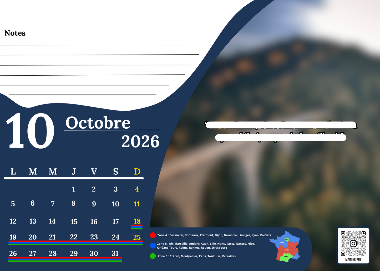 Calendrier Veslury 2026